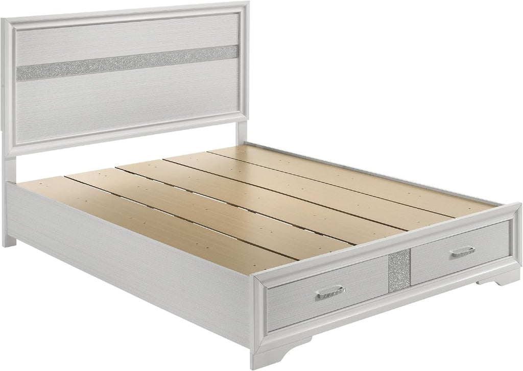 Benzara Vino White 4 Piece Queen Bed Set with Storage, Glitter Accent