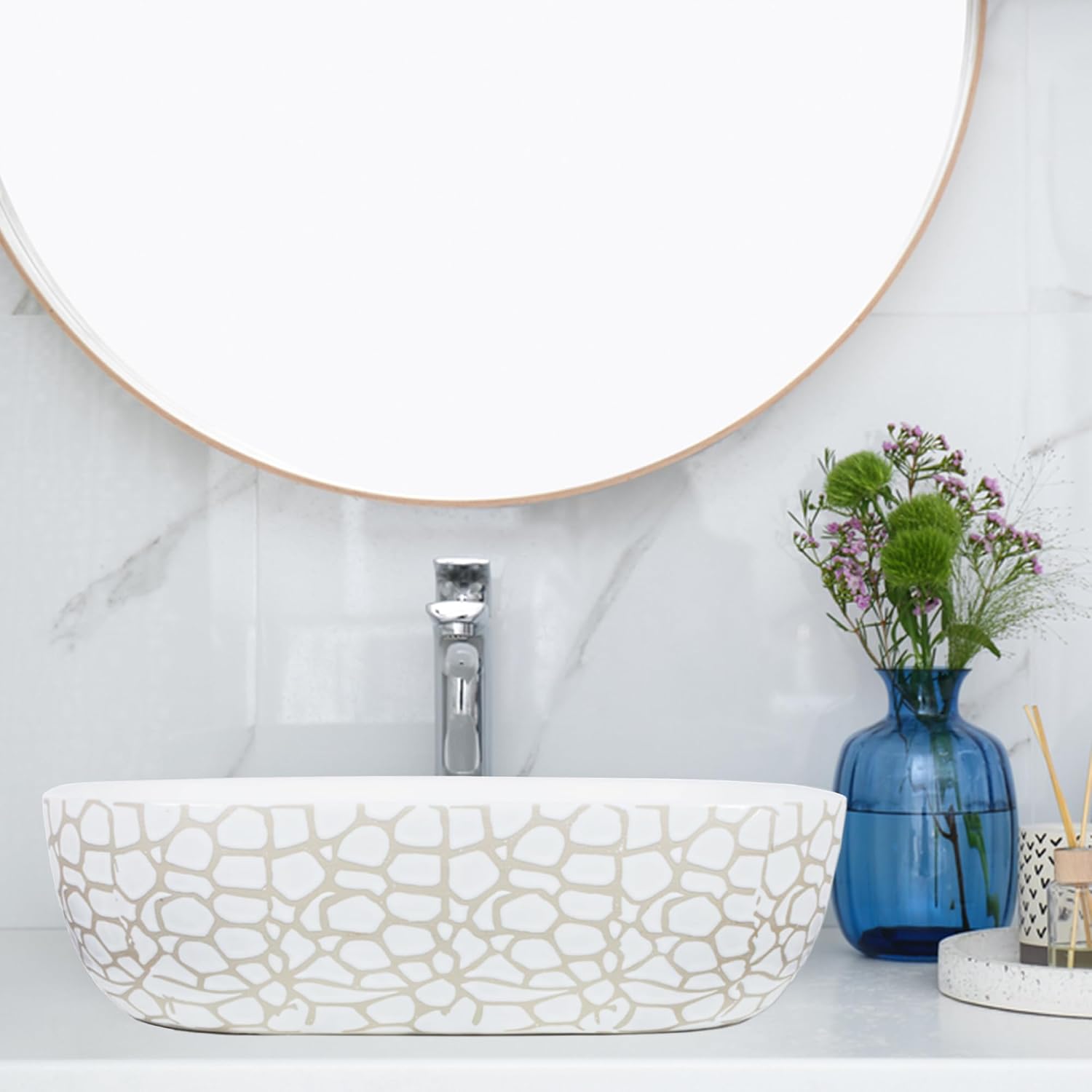 Strictly Sinks 19 Inch Round-Rectangular Gloss White Vessel Sink - Ceramic Countertop Bathroom Sink – Easy to Install Above Counter Luxurious Bathroom Vessel Sink (19-3/4″ W x 16″ L x 6″ H)