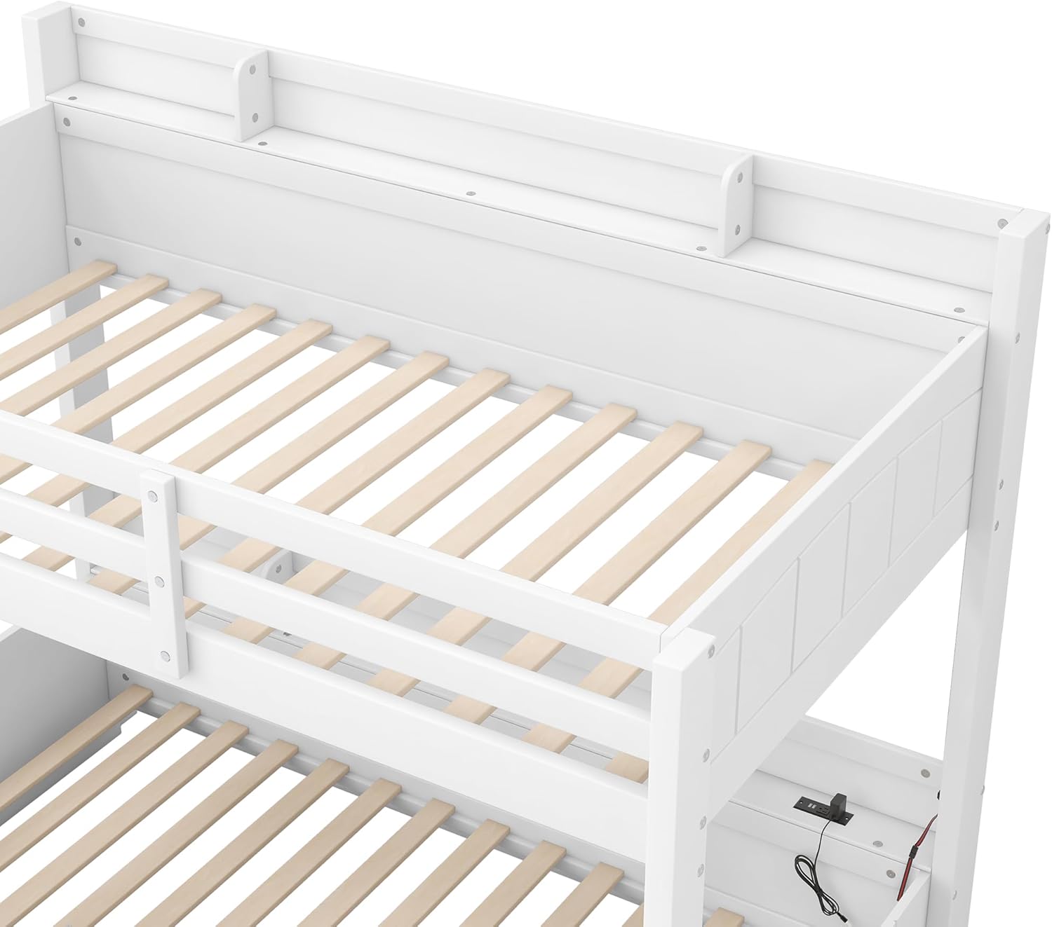 RUNNA Twin Over Full Bunk Bed with Storage Shelves, LED, Charging Station and a Drawer, Solid Wood Bunk Bed for Kids, Teens, Adults (White/LED)