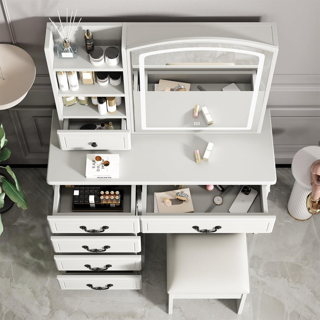 Montary Makeup Vanity Desk with Mirror and Lights, White Vanity Table Set with 6 Drawers & Sliding Mirror & Storage Shelves & Stool, 3 Lighting Modes Brightness Adjustable, Vanity Set Dressing Table