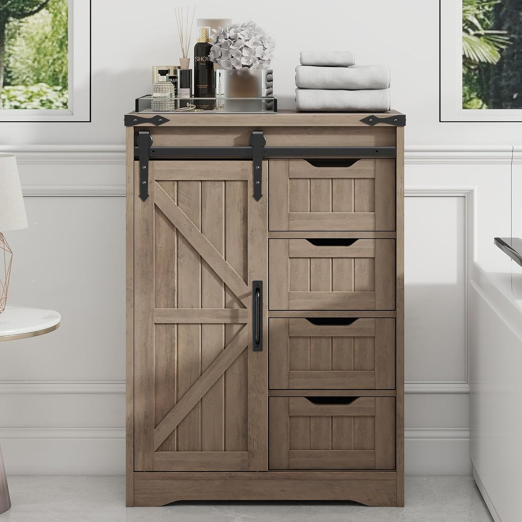 Halitaa Bathroom Farmhouse Storage Cabinet, Floor Cabinet with 4 Drawers, Bathroom Cabinet with Sliding Door, Rustic Storage Organizer for Kitchen, Living Room, Rustic Style, Grey