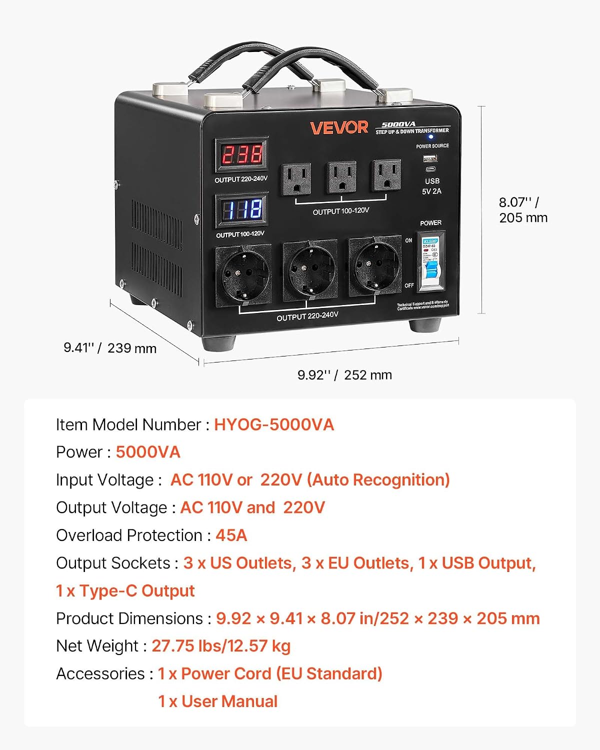 VEVOR Voltage Auto Converter Transformer, 5000VA, Heavy Duty Step Up/Down Power Transformer, 110V to 220V and 220V to 110V, with 3 US Outlets, 3 EU Outlets, LCD Display, Circuit Breaker Protection