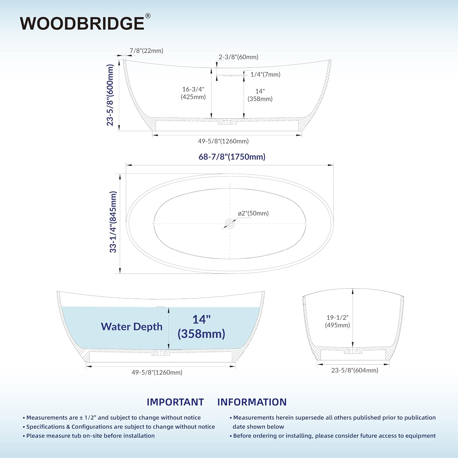 WOODBRIDGE 69' Marble-Pattern Stone Resin Freestanding Soaking Tub, Modern Oval Solid Surface Bathtub with Integrated Slotted Overflow & Drain, Matte Finish, CST0715