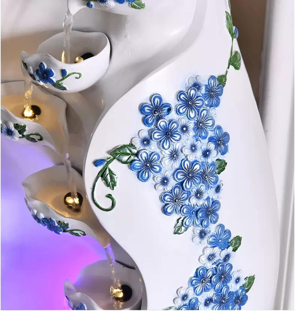 Tabletop Fountain Indoor Desktop Tabletop Water Fountain White Background Blue Flower Tiered Resin Vase Pitchers Elegant Interior Feature Decorative for Home and Office(Small)