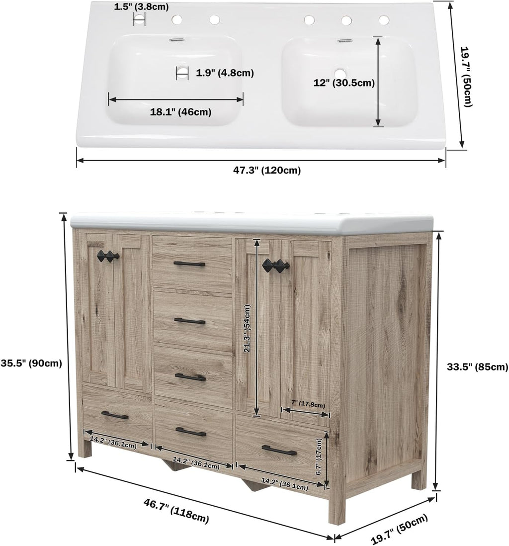 Bathroom Vanity with Sink Combo, 48' Modern Bathroom Storage Cabinet with Double Sink Ceramic, 4 Doors and 5 Drawers, Space-Saving Storage Cabinet, Light Gray Wood