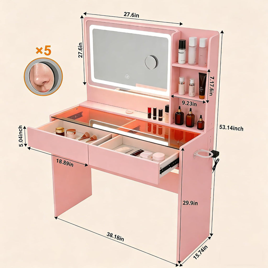 Vanity Desk, Makeup Vanity Desk with Mirror and Lights, Transparent Top with LED Multiple Color Lights, Mirror 3 Color Modes 2 Drawers, Power Outlet, Dressing Table for Girls Bedroom, Pink