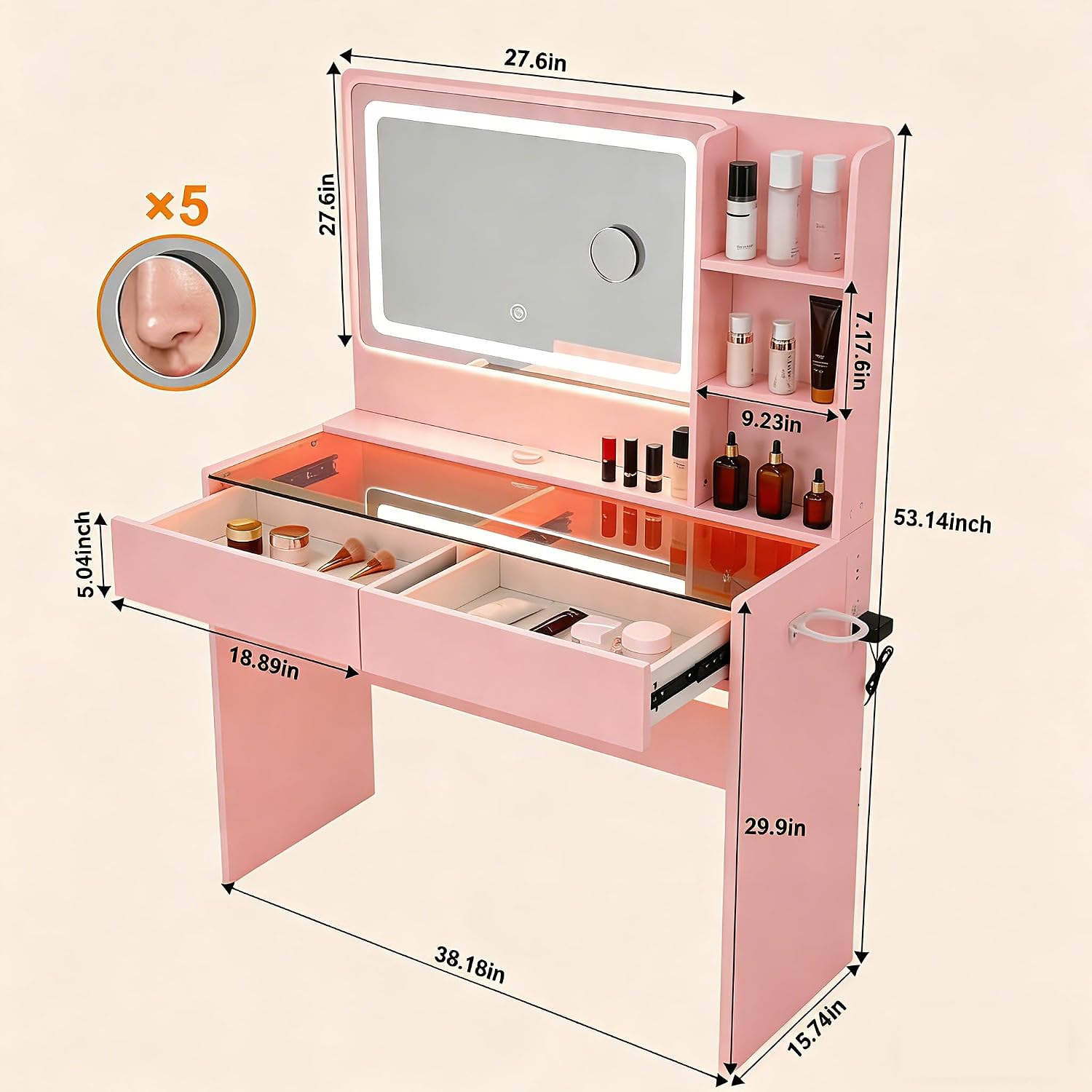 Vanity Desk, Makeup Vanity Desk with Mirror and Lights, Transparent Top with LED Multiple Color Lights, Mirror 3 Color Modes 2 Drawers, Power Outlet, Dressing Table for Girls Bedroom, Pink
