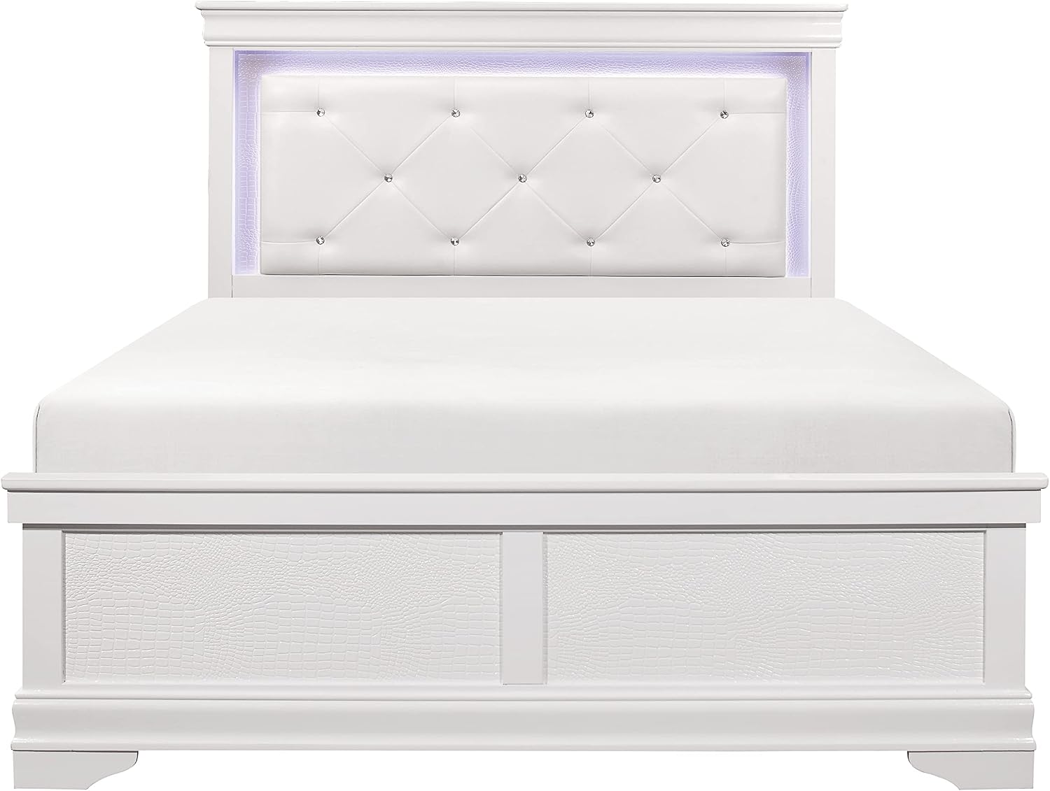 Glam 4 Pieces Set Bedroom Furniture Queen Size Tufted LED Light Bed White Finish Alligator Texture Fronts Wooden Traditional Design