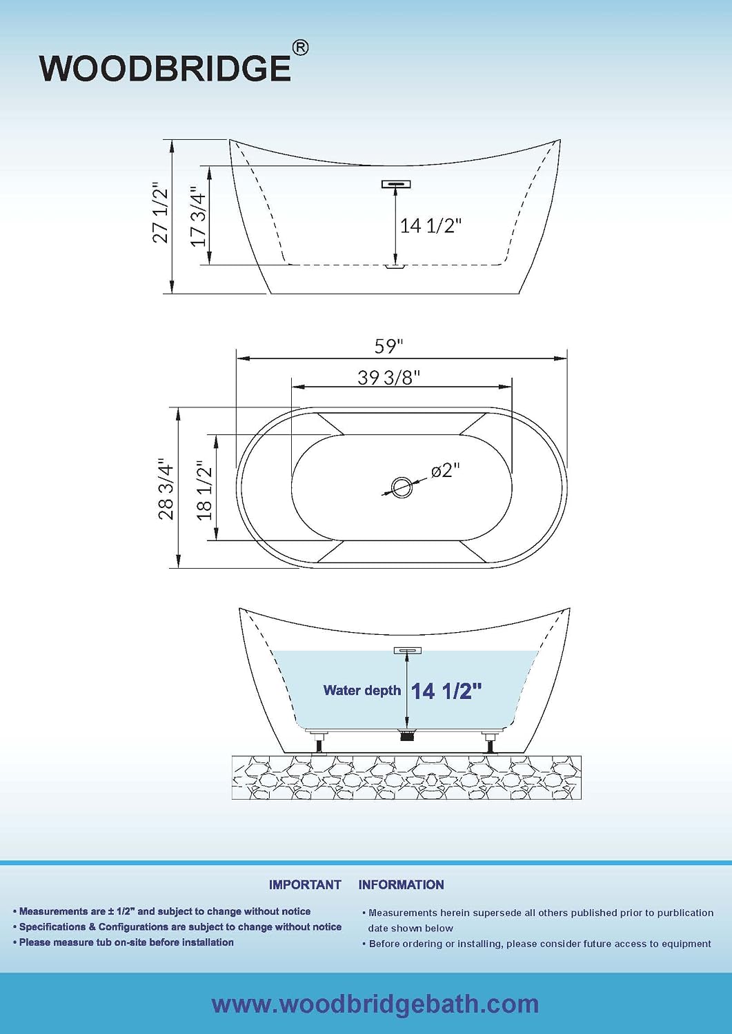 WOODBRIDGE 59' Acrylic Freestanding Bathtub Contemporary Soaking White Tub with Oil Rubbed Bronze Overflow and Drain,B0016-ORB