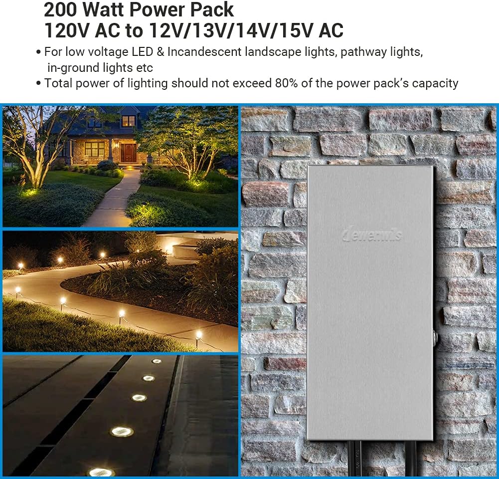 DEWENWILS 200W Multi-Tap Low Voltage Landscape Transformer, 120V AC to 12V/13V/14V/15V AC,Low Voltage Transformer for Landscape Lights, Outdoor Lights, Garden Lights, Stainlees Steel, ETL Listed