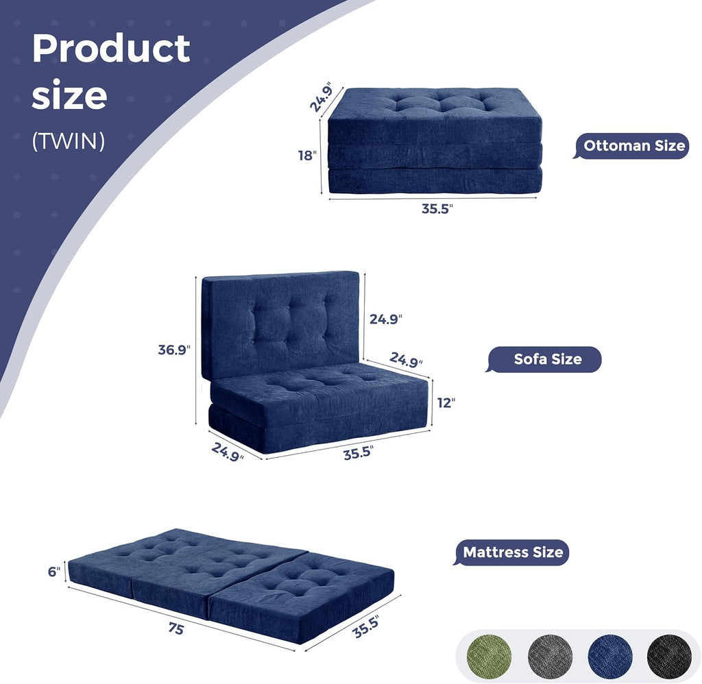 MAXYOYO 6' Folding Sofa Bed for Floor, Tufted Tri-Fold Floor Mattress with Chenille Fabric, Twin Size Portable Sofa Couch Guest Mat for Adults, Foldable Topper for Camping, Navy, 35.4'x75'
