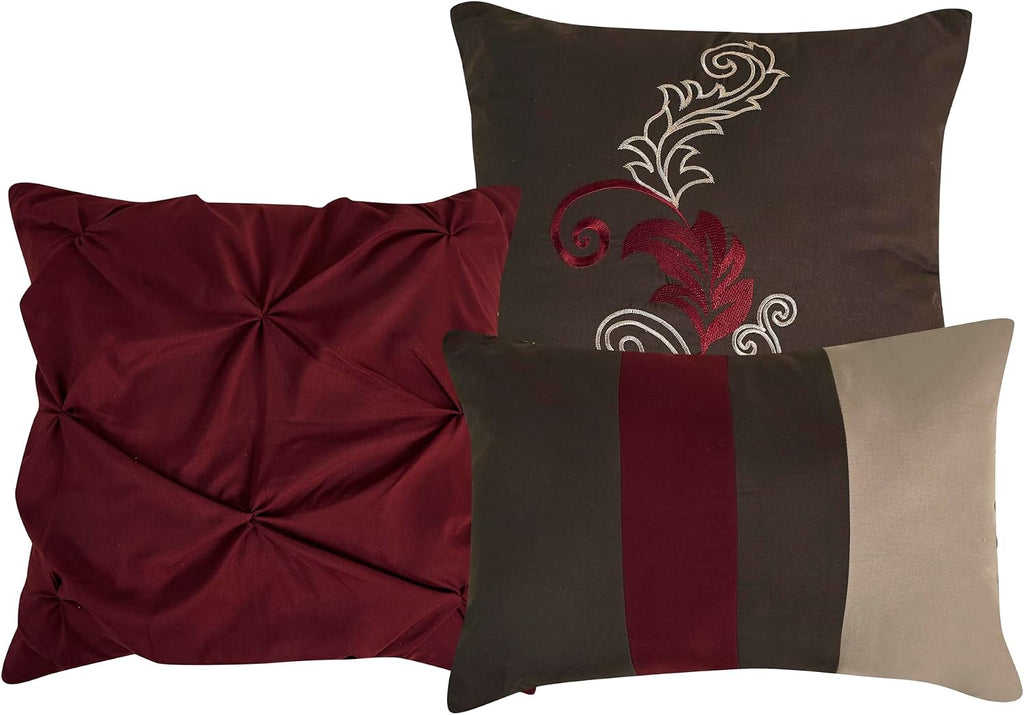 Chezmoi Collection Napa 7-Piece Luxury Leaves Scroll Embroidery Bedding Comforter Set (Oversized King, Burgundy/Taupe/Brown)