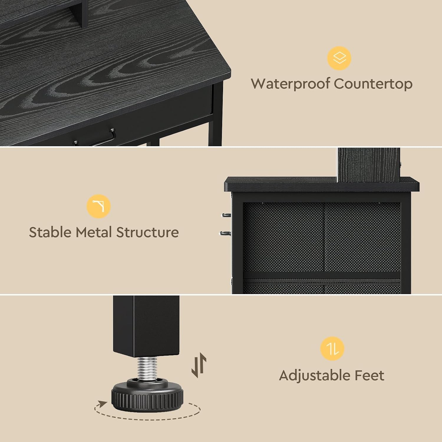 YeTom Vanity Desk with Mirror and Lights, Makeup Vanity Desk with 4 Fabric Drawers & Storage Shelves & Side Table, 3 Color Modes & Adjustable Brightness, Black Vanity, Bedroom Furniture