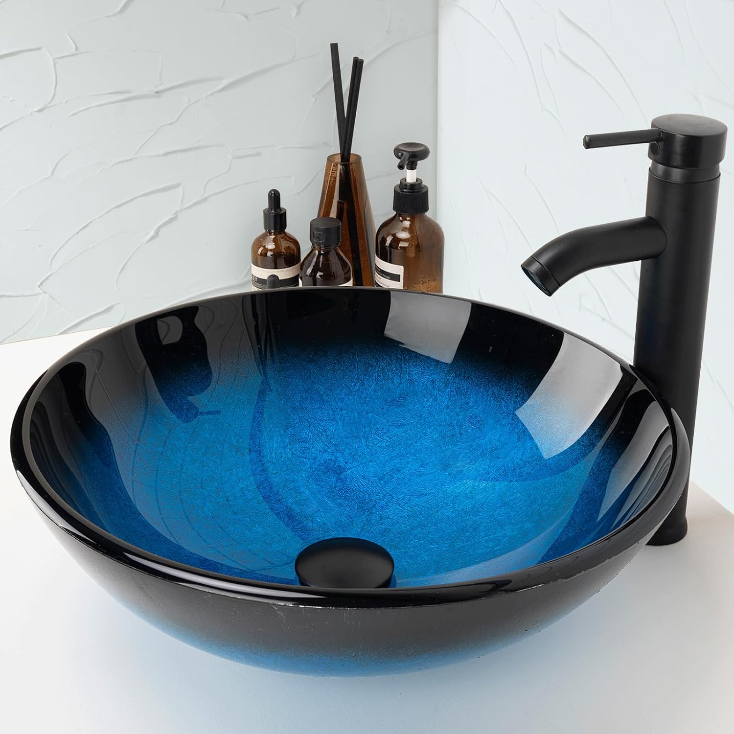 Design Vessel Sink Bathroom Sink above counter Small Vessel Sink Bathroom Sink Bowl Countertop Modern Sinks with faucet and drain combo 16.5' Round Blue New
