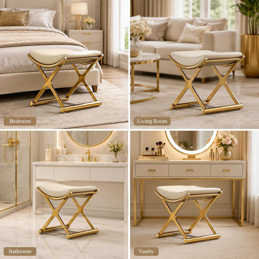 Modern Bathroom Vanity Stool Makeup Chair - Backless Leather Vanity Bench Seat with Metal X Legs, Small Ottoman Footstool for, Bedroom, Living Room, Dressing Room, Gold