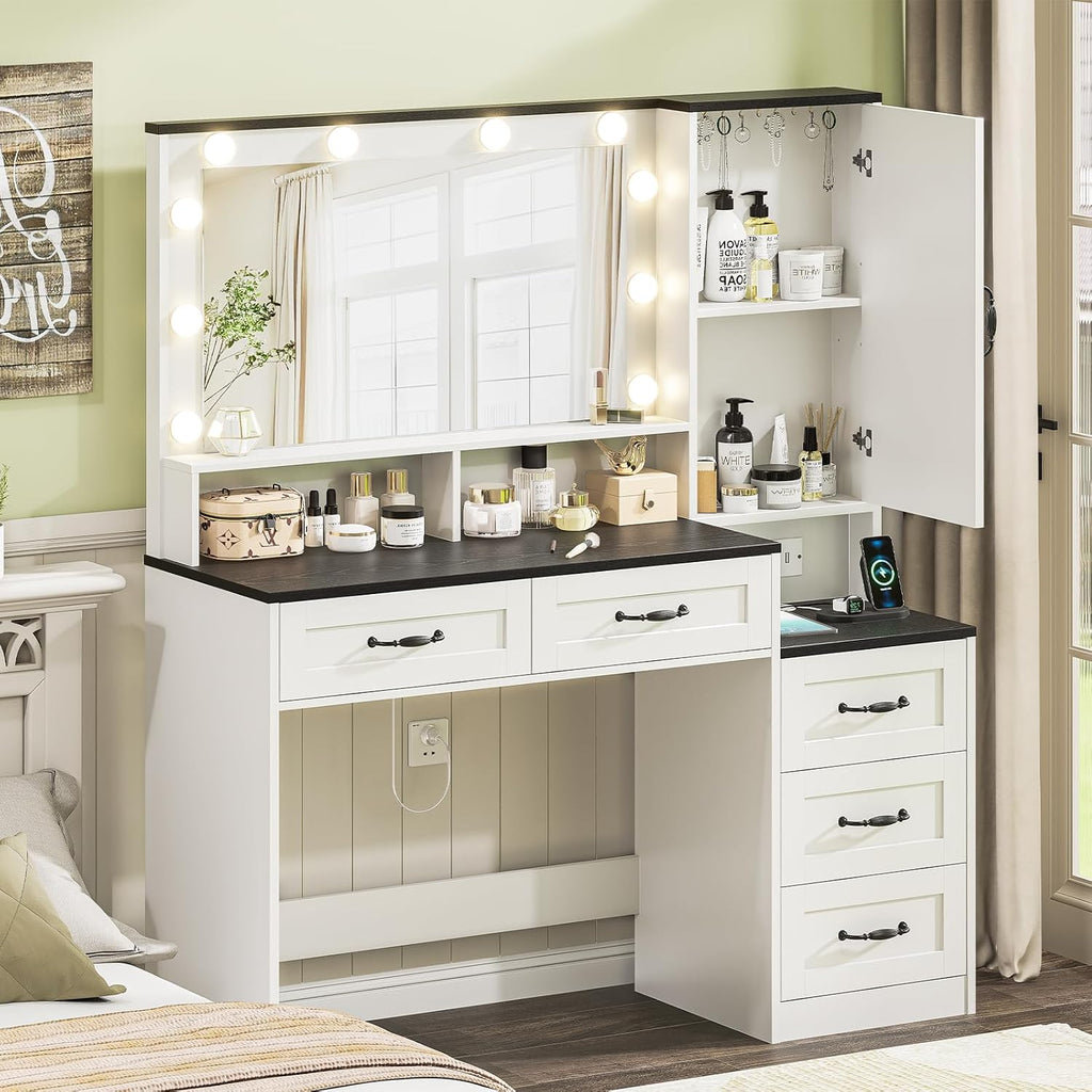 Farmhouse Vanity Desk Makeup Table with Mirror and 10 Lights, 45.3' Large Vanity Desk with Power Outlet, 5 Drawers, 1 Cabinet & 9 Jewelry Hooks, Dressing Table for Women Girls White & Black