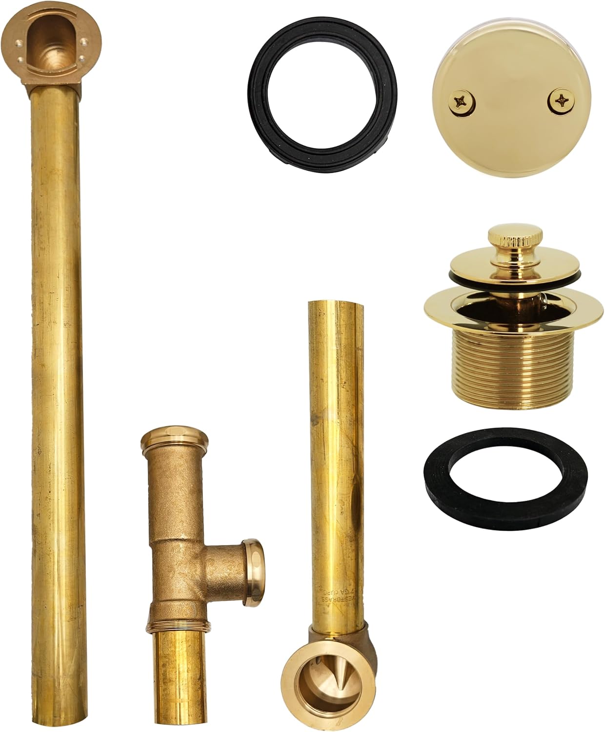Westbrass A3264-01 22-1/2' Brass Bath Waste & Overflow Assembly with Pull Drain Plug and 2-Hole Faceplate, Polished Brass