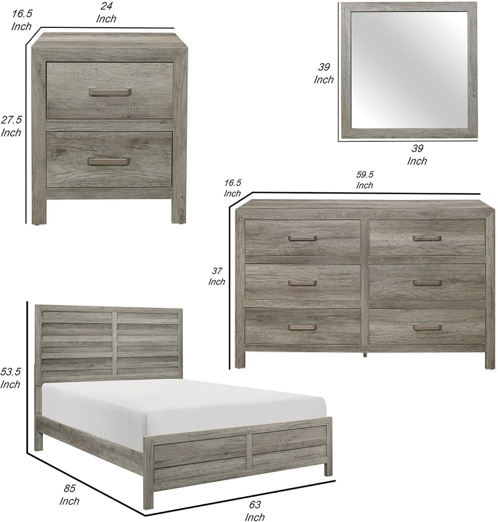 Benzara Kade 4 Pc Queen Size Bedroom Set- Slatted Panel Design- Weathered Gray Finish