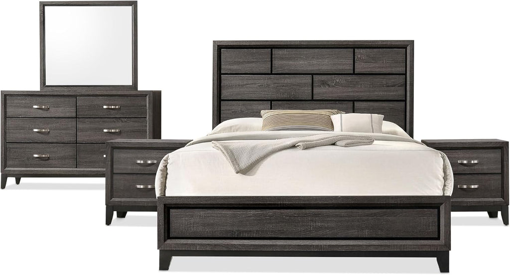 Furniture of America Lucien Modern Wood 5-Piece Queen Bedroom Set with Panel Style Headboard, Two-Tone Design and Wooden Legs, Box Spring Needed, Gray