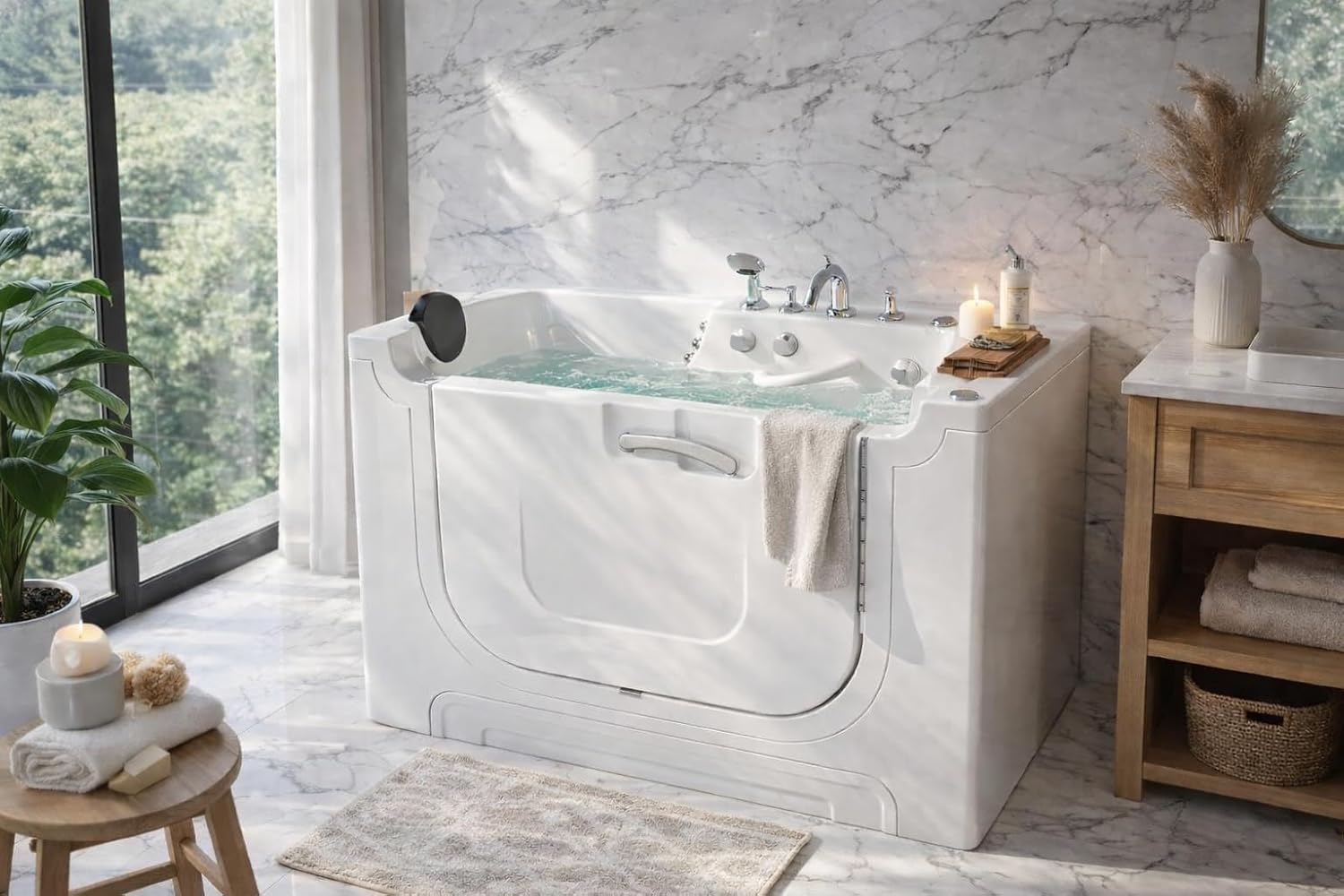 ANZZI Walk-In Bathtub 30 in x 60 in Left Drain Wheelchair Access Whirlpool and Air Tub, 8 Hydro Jets, 24 Air Jets, Powered Fast Drain, Quick Fill Faucet, ADA Seat, Chromatherapy, White | AMZ3060WCALWD