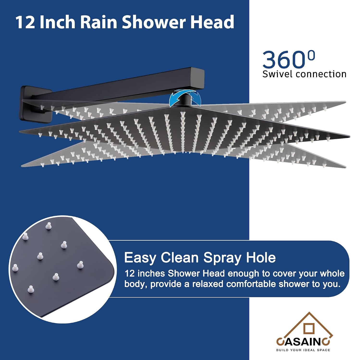 CASAINC Rain Shower Head with Handheld Spray, Tub Shower Faucets Set with Pre-embedded Valve Square Waterfall Shower Head System (12 Inch Wall Mounted, Matte Black)