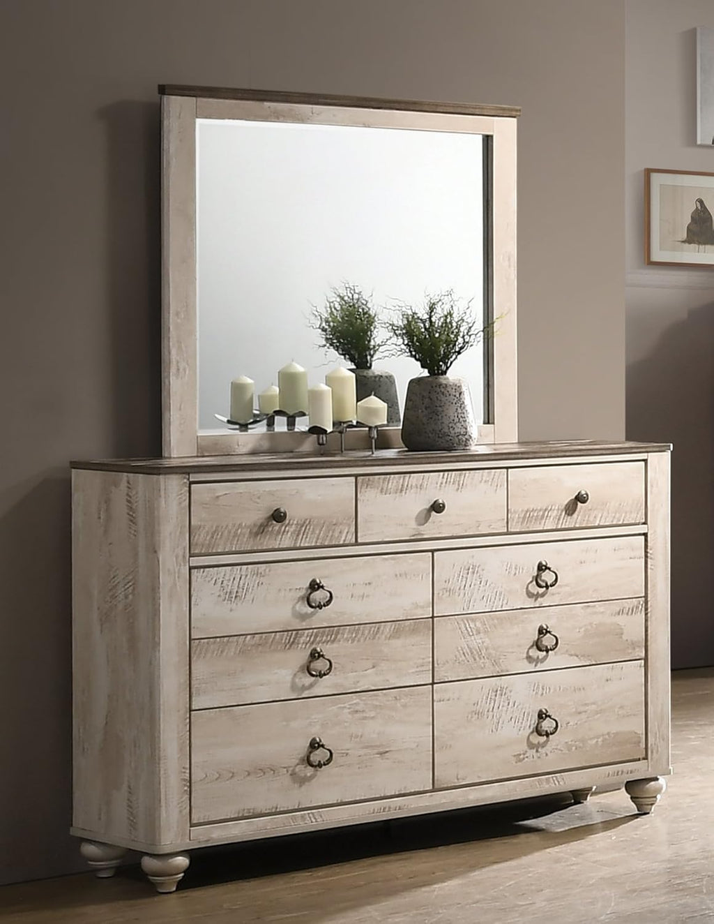 Contemporary White Wash Finish 5-Piece Bedroom Set-King Bed, Dresser, Mirror, 2 Nightstands