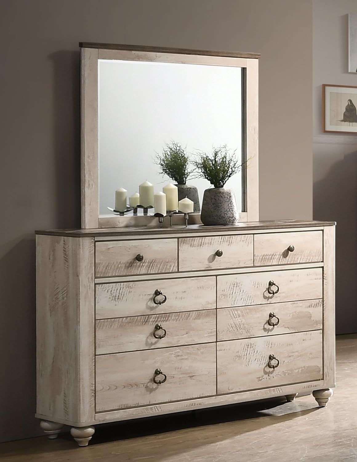 Contemporary White Wash Finish 5-Piece Bedroom Set-King Bed, Dresser, Mirror, 2 Nightstands