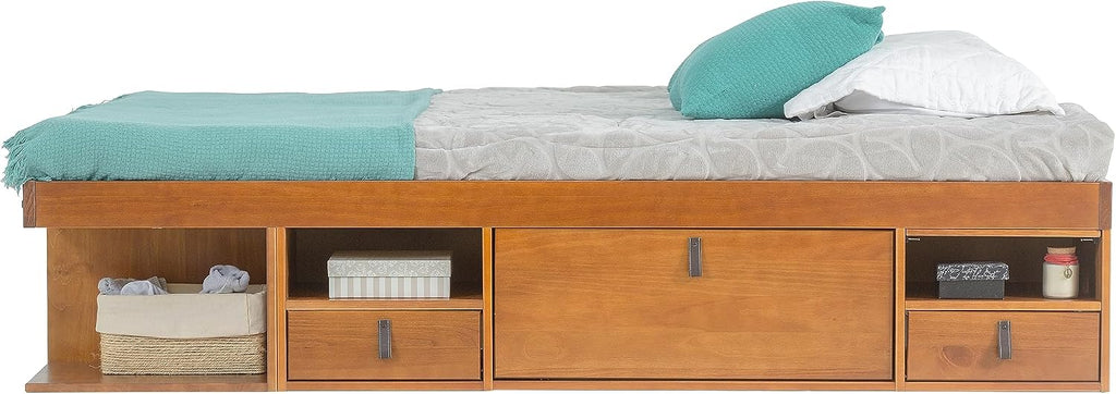 memomad Bali Bed - King Storage Platform Sturdy Wooden Frame with Drawers & More - Solid Pine - Noise Free - No Box Spring Needed - Slats Included (King Size, Oak Brown Wood)