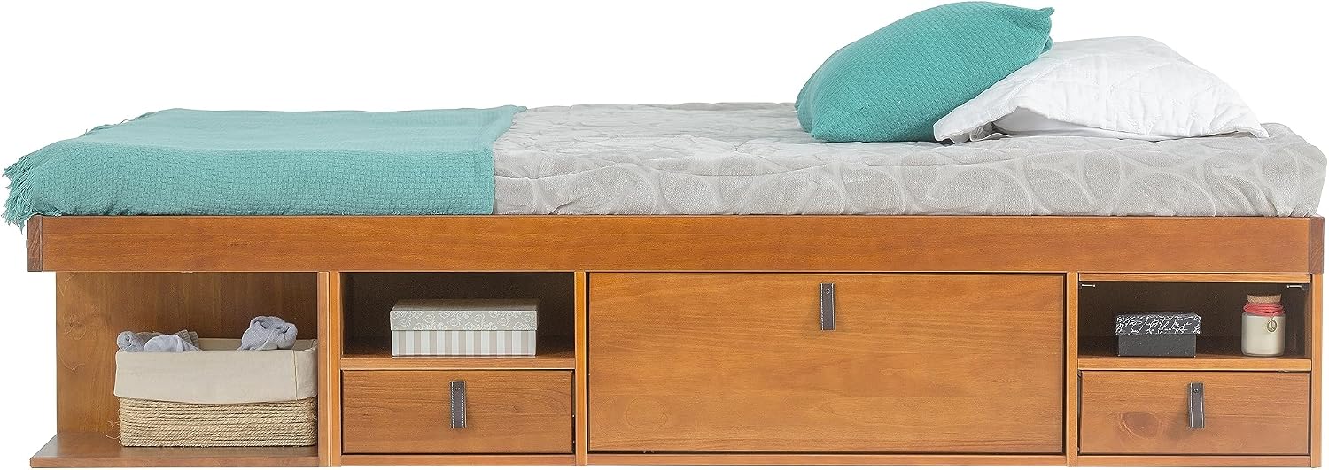 memomad Bali Bed - King Storage Platform Sturdy Wooden Frame with Drawers & More - Solid Pine - Noise Free - No Box Spring Needed - Slats Included (King Size, Oak Brown Wood)