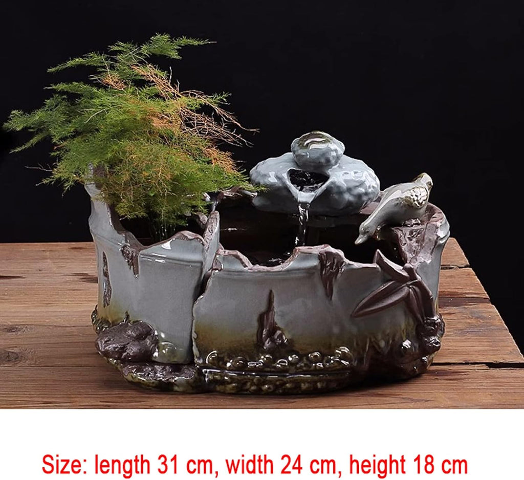 Desktop Fountain Ceramic Tabletop Fountain with Imitation Old Bamboo Basin Design for Indoor and Outdoor Table Desk Office Patio Decoration