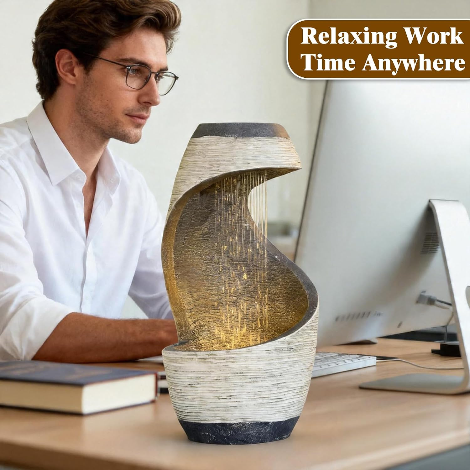 Sunlinua Modern Tabletop Water Fountain for Women Indoor Zen Relaxation Water Fountains Desktop Waterfall with Soothing Sound for Meditation Desk Home Office Decor