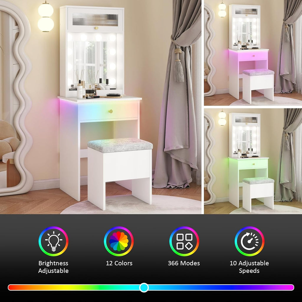 ARTETHYS Small Vanity Desk with Mirror and Lights White Small Makeup Vanity with Storage Chair Mini Makeup Table Set for Bedroom Compact Dressing Table with RGB Lights for Tiny Space