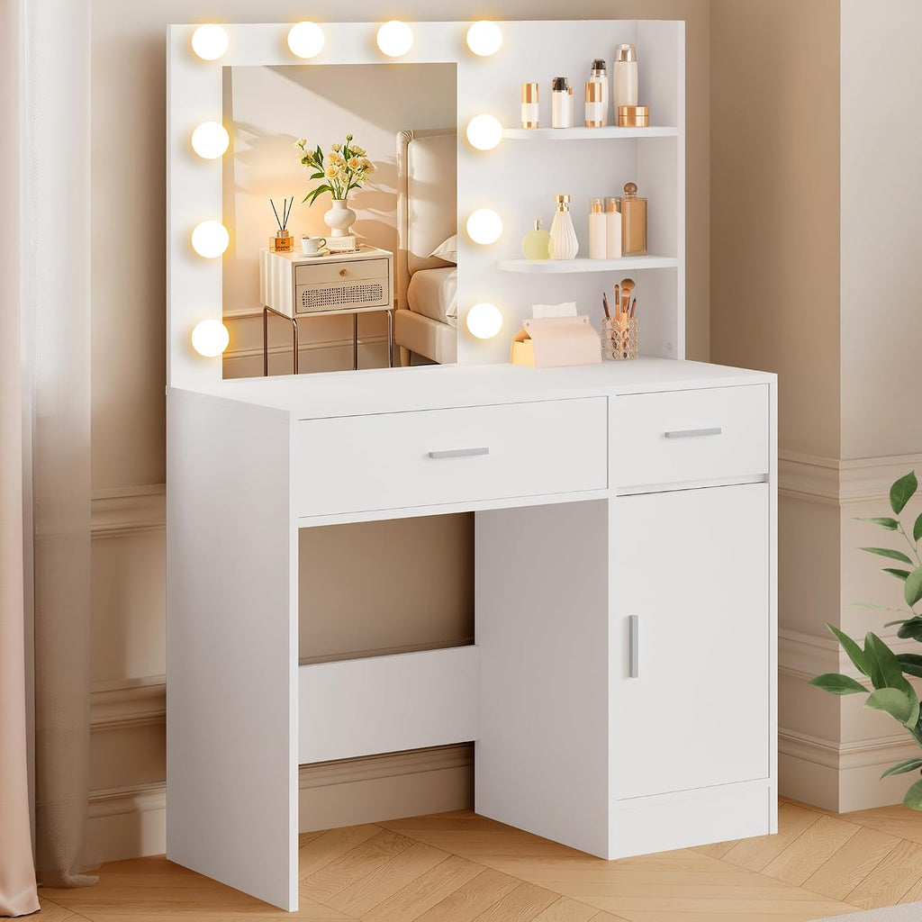 LIVELYGLOW White Makeup Vanity with 10 Hollywood Light Bulbs, 35.4' Wide Dressing Table with Large Mirror & Dimming Function, Small Space Vanity Desk with 2 Drawers, Storage Cabinet & Shelves