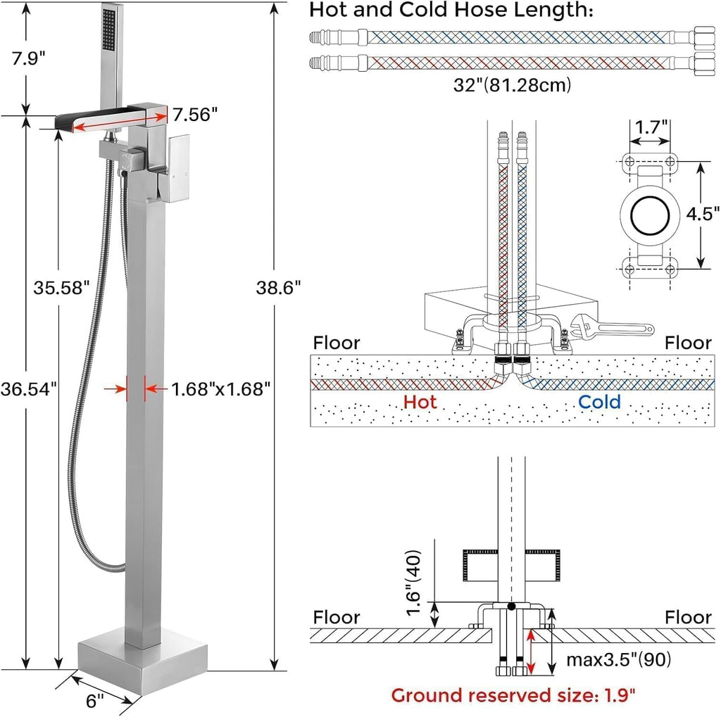 Freestanding Tub Faucet Brushed Nickel: ALEASHA High Flow Max 6.74 GPM Free Standing Tub Filler - Brass Modern Floor Mount Bathtub Faucet with Handheld Shower, for The Ultimate Elegant SPA Experience