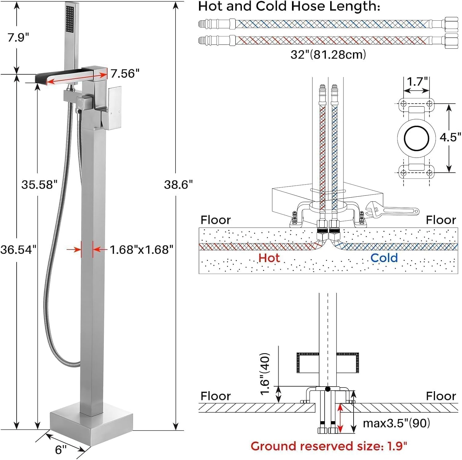Freestanding Tub Faucet Brushed Nickel: ALEASHA High Flow Max 6.74 GPM Free Standing Tub Filler - Brass Modern Floor Mount Bathtub Faucet with Handheld Shower, for The Ultimate Elegant SPA Experience