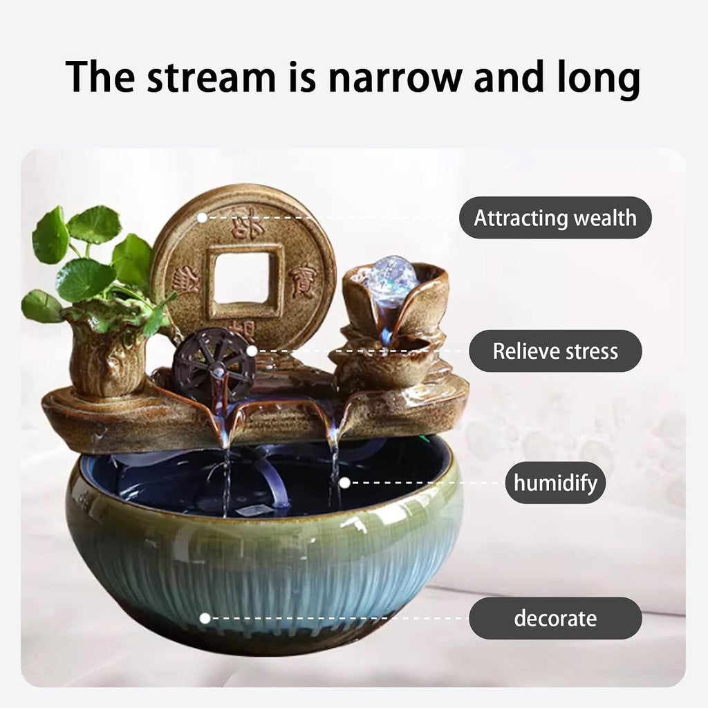 Tabletop Water Fountain, Feng Shui Mist Waterfall with Fish Tank, Ceramic Zen Bonsai Decor, Relaxing Desktop for Office Living Room(A)