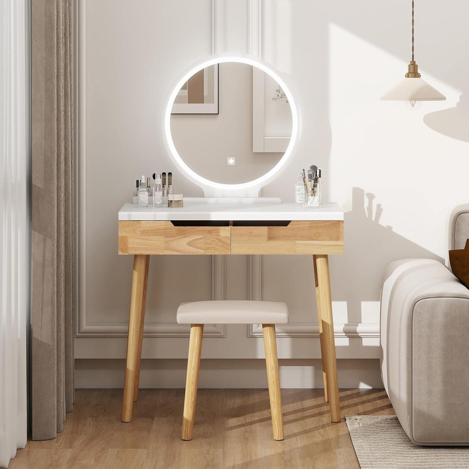 YOURLITE Makeup Vanity Desk with Lights,Small Vanity with Adjustable Brightness Mirror for Small Spaces, Dressing Table with Drawers (31.5', Circular Mirror Wood)