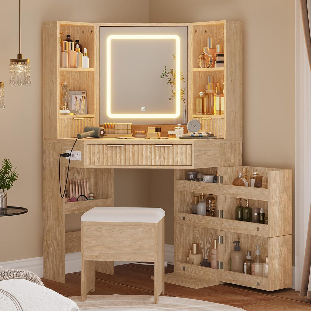 HAUOMS Fluted Corner Vanity Desk with Mirror Lights, Makeup Vanity with Charging Station, Drawers & Rotating Cabinets, Corner Vanity with Storage Bench, for Bedroom, Natural Wood