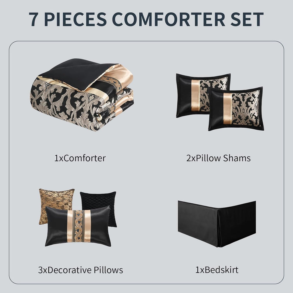 SahSahCasa 7-Piece Luxury King Comforter Set, Bed in a Bag King, Black and Gold Fluffy Jacquard Silky Comforter Bedding Set with Bed Skirt, Decorative Pillows, Elegant Reversible, Down-Alternative