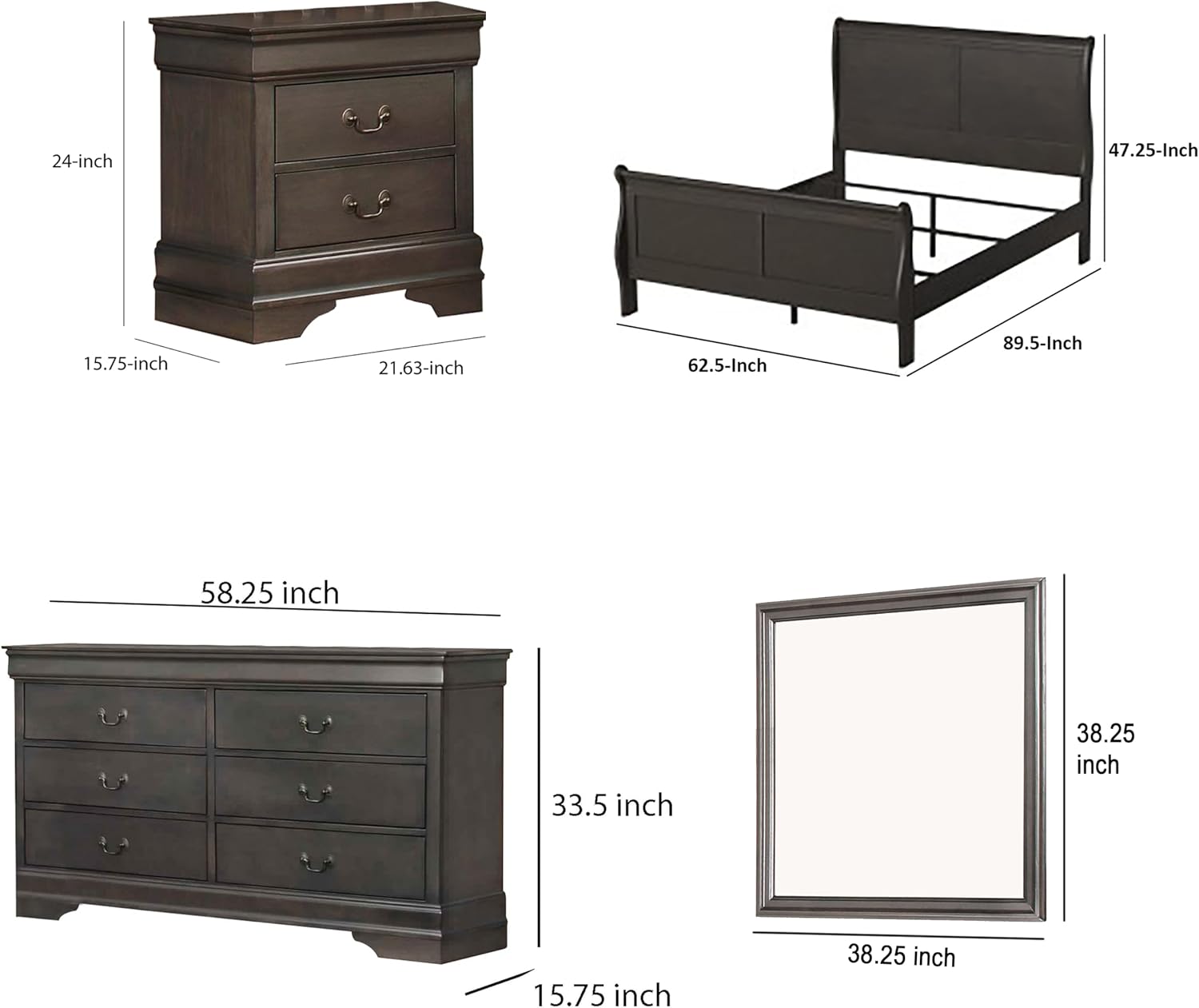 Benzara Ve Four Piece Queen Size Bedroom Set- Transitional Style- Stained Gray Finish