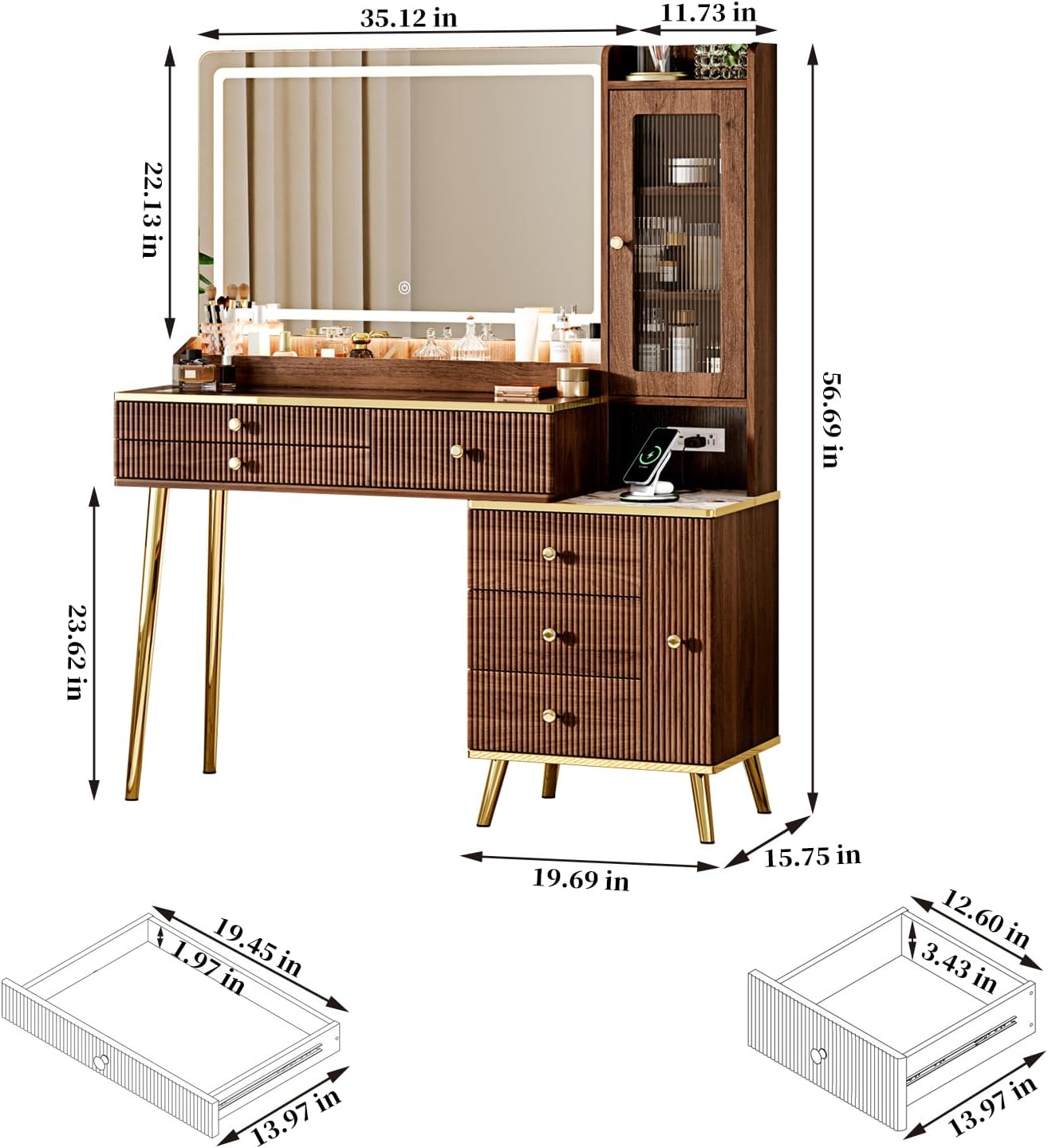 Arulvmrn Vanity Desk with 35.12' HD Lighted Mirror, 46.85' Big Modern Vanity Desk with Mirror and Lights, Makeup Vanity with 7 Drawers and Storage Shelves and Charging Station, Walnut