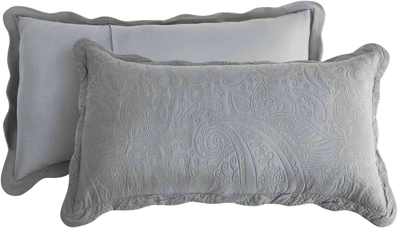 Oversized King Bedspread 128x120 Extra Wide, Ultrasonic Lightweight Bedding Cover, Paisley Pattern, Reversible, 5 Piece, 100% Microfiber, Grey