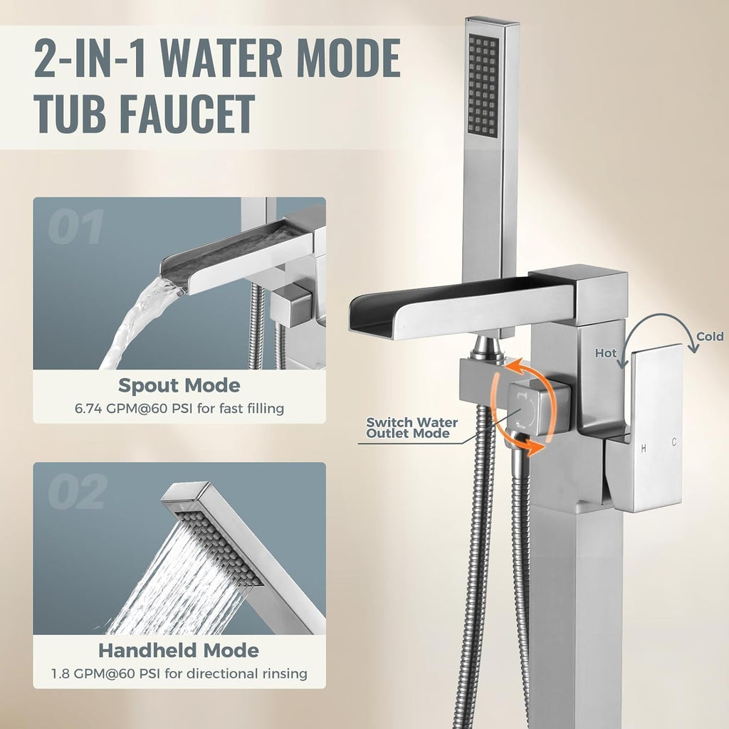 Freestanding Tub Faucet Brushed Nickel: ALEASHA High Flow Max 6.74 GPM Free Standing Tub Filler - Brass Modern Floor Mount Bathtub Faucet with Handheld Shower, for The Ultimate Elegant SPA Experience