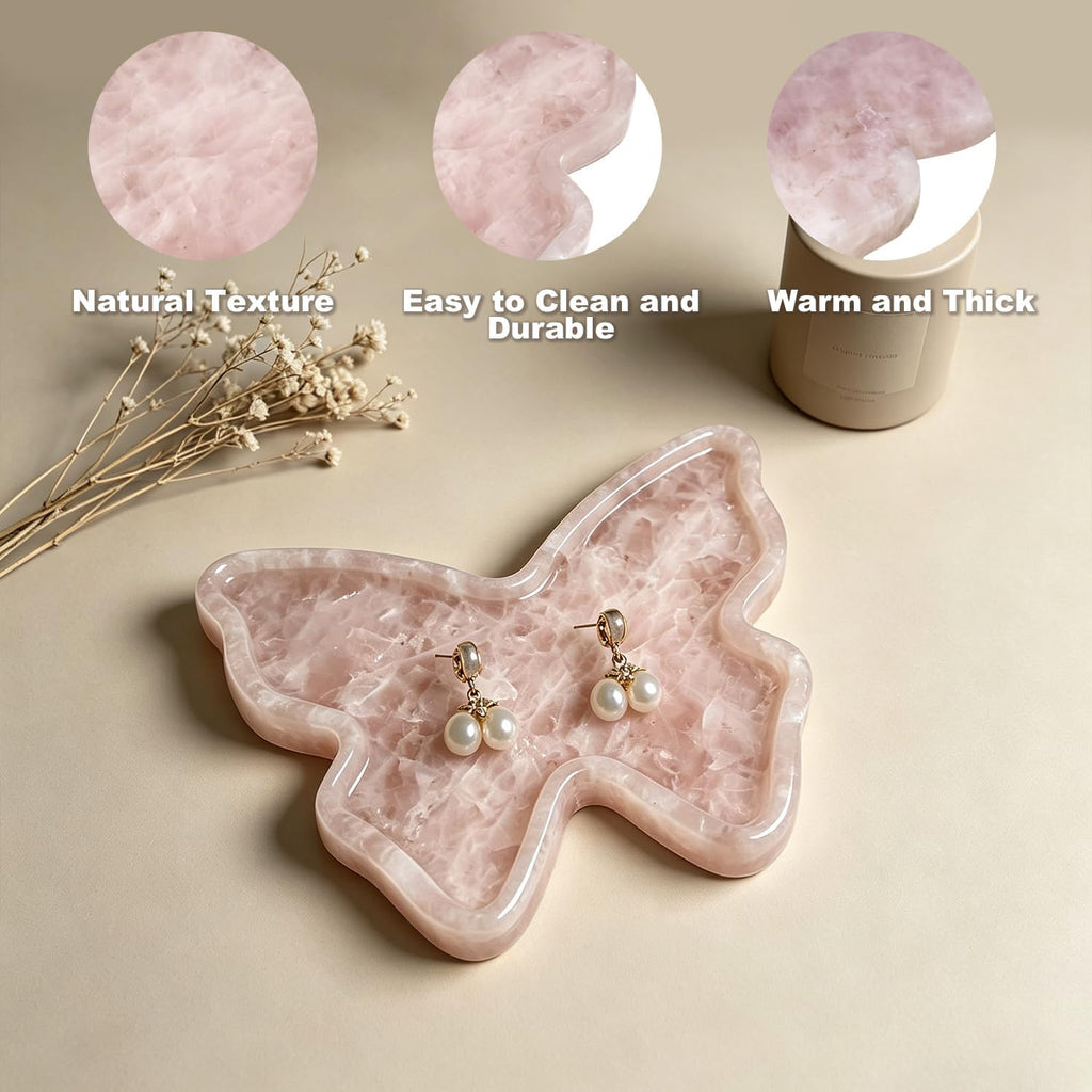 Natural Marble Tray Butterfly Shape Vanity Trays, Jewelry Trays Holder Dish for Bathroom Countertop Home Decor Gift L Pink
