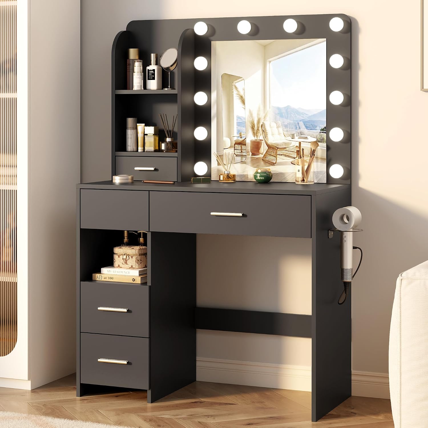 Otterease Vanity Desk with LED Lighted Mirror&Power Outlet, 3 Lighting Colors Makeup Vanity with 5 Large Drawers and 3 Storage Shelves, Vanity with Storage Stool for Bedroom, Black