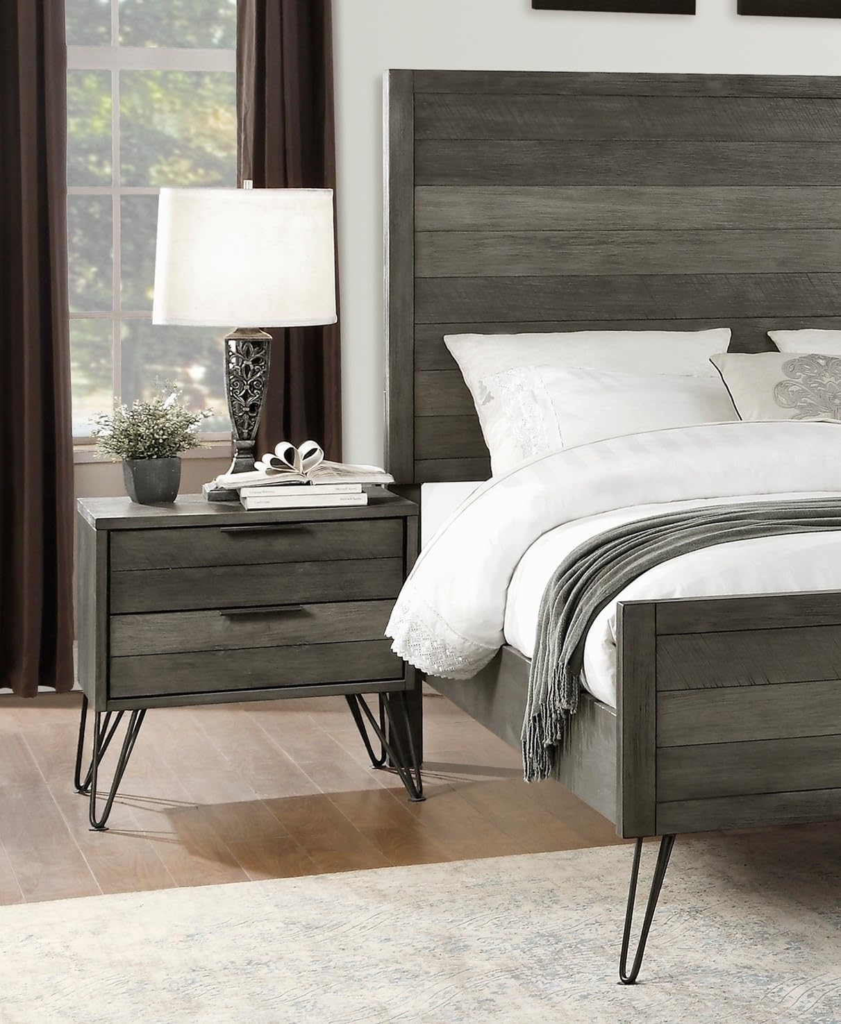 5-Piece Modern California King Size Bed Set Panel Gray Finish Solid Acacia Wood Metal Legs Bedroom Furniture