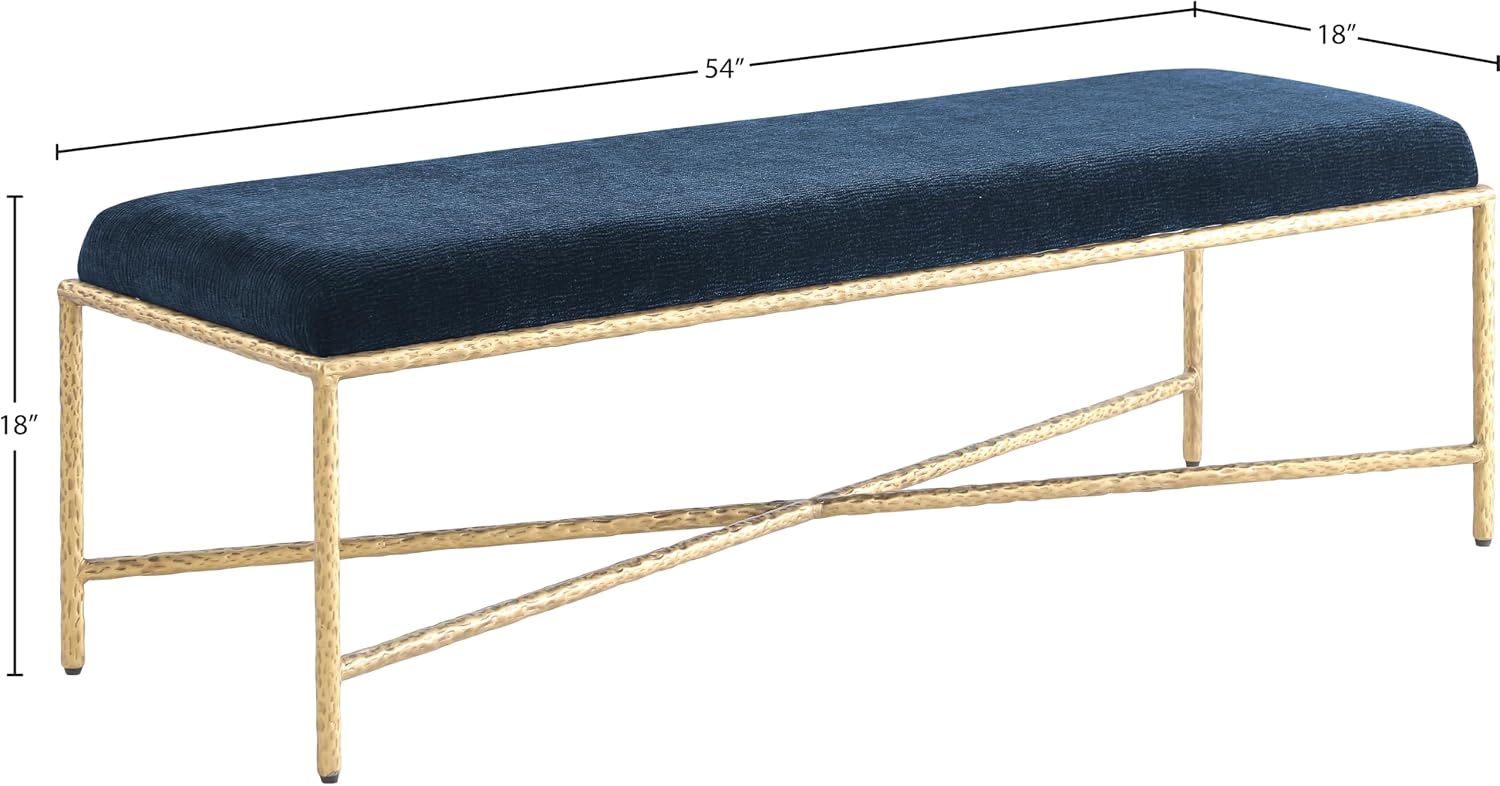 Meridian Furniture 22064Navy Valley Collection Modern | Contemporary Bench with Soft Navy Chenille Fabric, Brushed Brass Forged Iron Metal Legs and Frame, 54' W x 18' D x 18' H, Navy