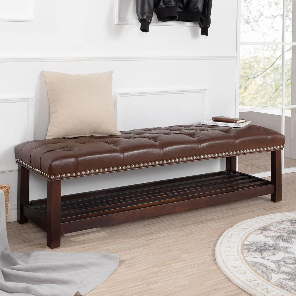 60in Button-Tufted Leather Indoor Bench, Brown Upholstered Shoe Bench Entryway, Bedroom Bench Seat, End of Bed Ottoman, Vanity Bench with Wooden Base Shoes Rack (Brown+Wooden)
