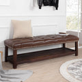60in Button-Tufted Leather Indoor Bench, Brown Upholstered Shoe Bench Entryway, Bedroom Bench Seat, End of Bed Ottoman, Vanity Bench with Wooden Base Shoes Rack (Brown+Wooden)