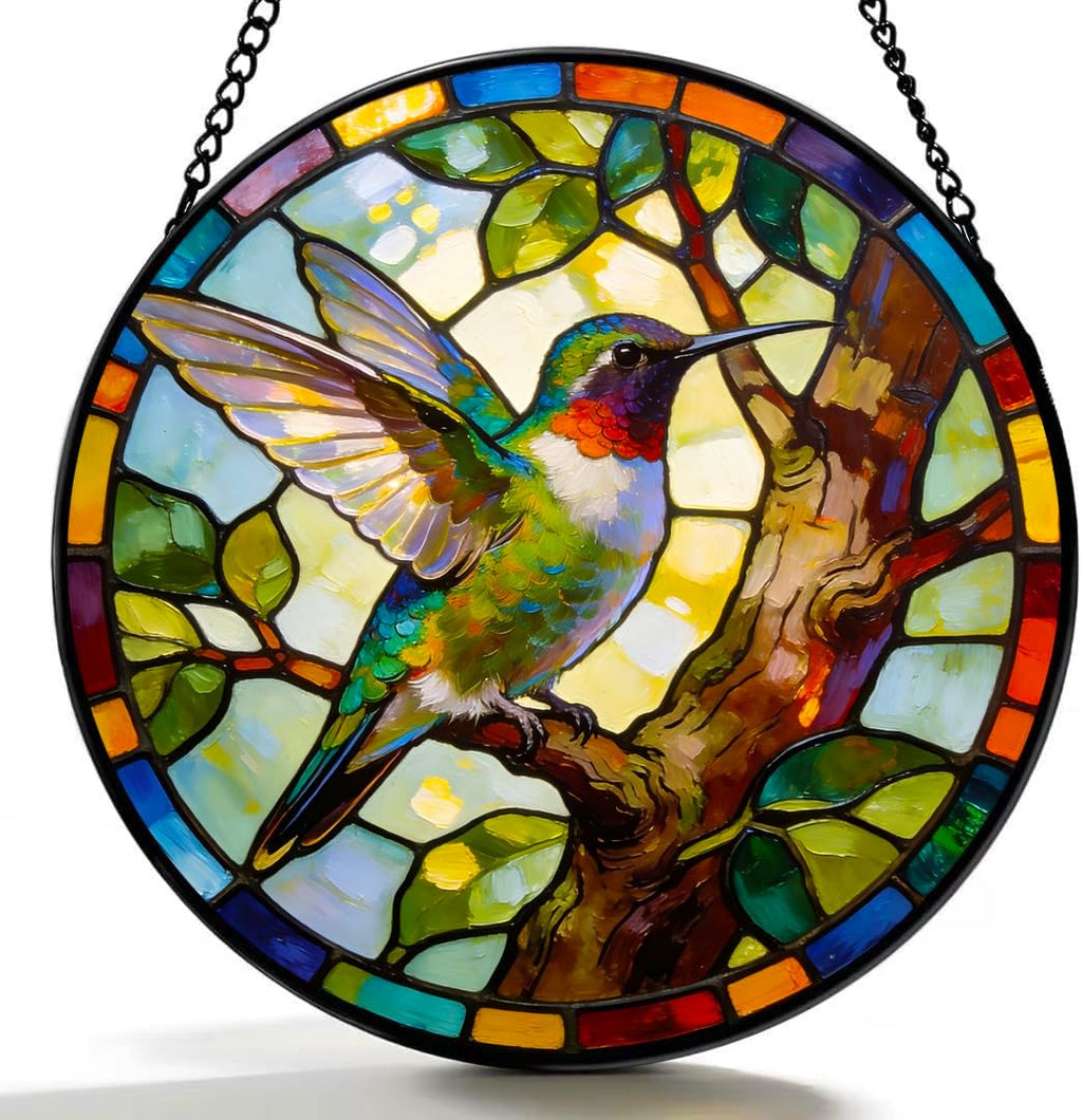 Funoasis 4Pcs Stained Glass Window Hanging Suncatcher - Hummingbird, Northern Cardinal, American Goldfinch, Eastern Bluebird Ornaments Sun Catcher Bird Lover Home Decor Women Gifts